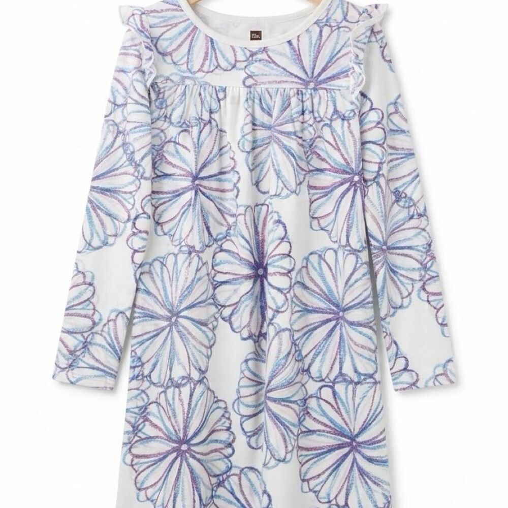 Tea Collection Girls Long Sleeve Ruffle Shoulder Dress Size 7 Blue Crayon Floral